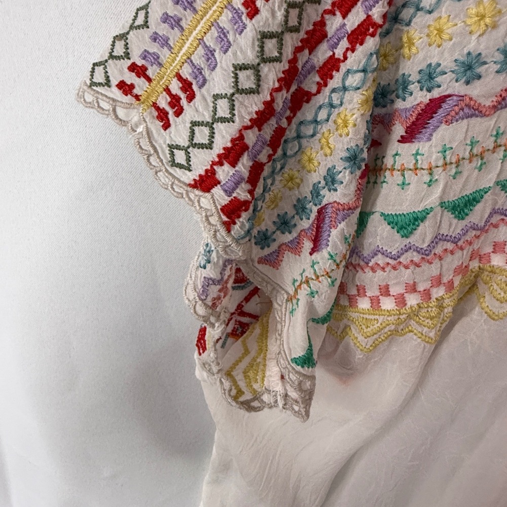 Johnny Was Womens Embroidered Silk Blouse White Boho Floral Split Neck Top L - Picture 7 of 11